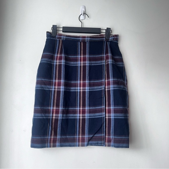 Vintage 00s Y2K Charter Club Blue Plaid Wrap Wool Blend Mini Skirt 8 - Picture 1 of 3